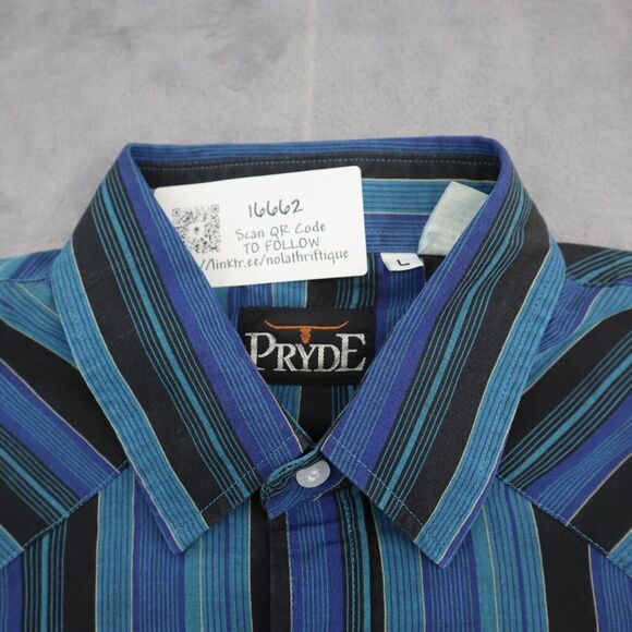 Pryde Shirt Mens L Blue Pinstriped Western Pearl Snap Long Sleeve - Picture 9 of 16